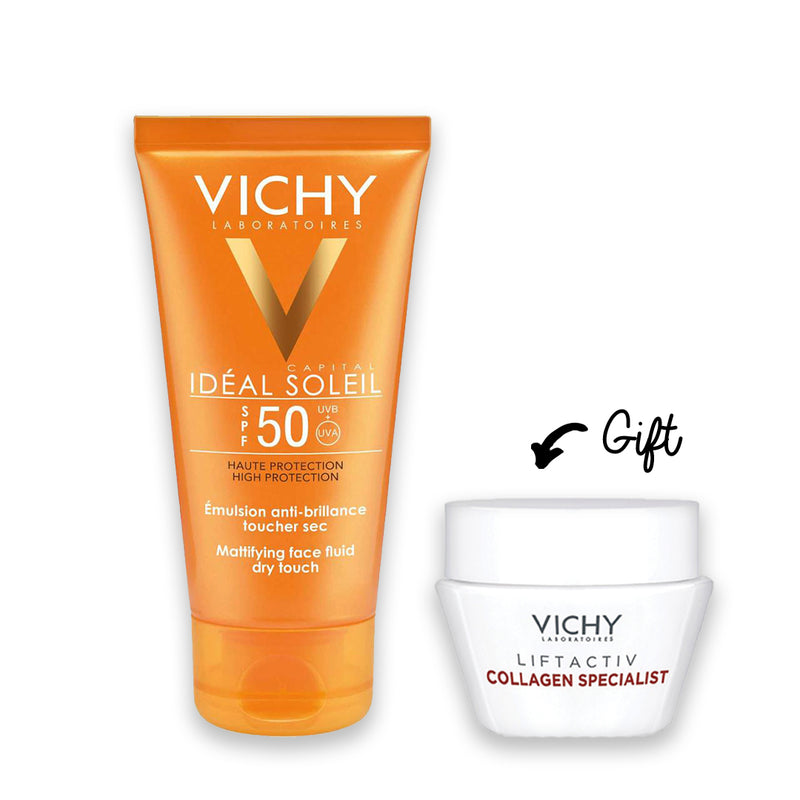 Ideal Soleil Mattifying Face Fluid Dry Touch SPF50 50ML Vichy + Collagen 15ml Gift